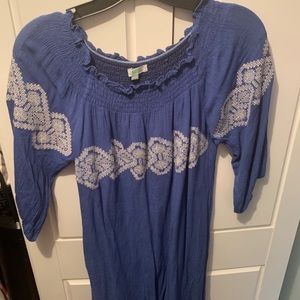 Off the shoulder blue and white embroidered dress